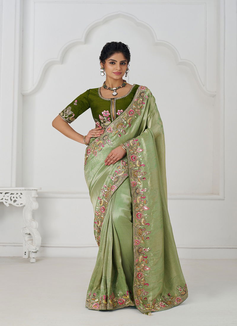 Kf 111 Mehendi Color Pure Dola Viscouse Silk Saree Wholesale Clothing Distributors In India
